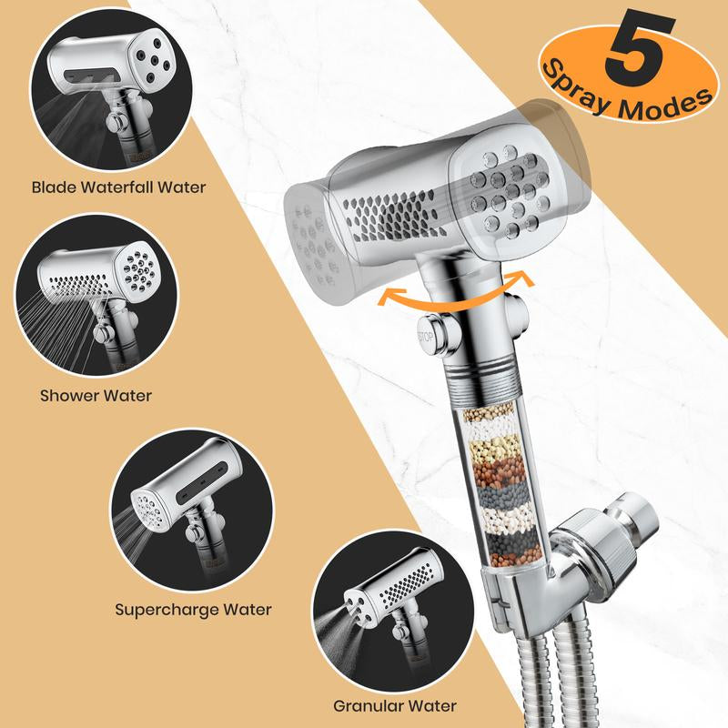 Silver Shower Head with 4-Side Spray Handheld, 5 Spray Modes High Pressure with 4.9Ft Stainless Steel Hose and 2 Antibacterial Dechlorination Filters