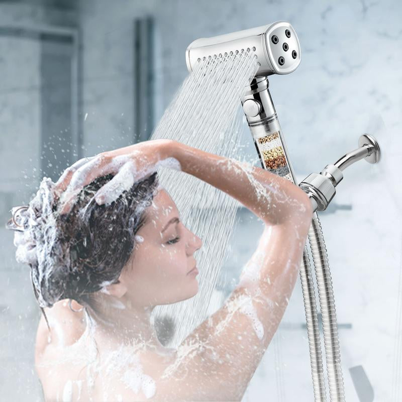 Silver Shower Head with 4-Side Spray Handheld, 5 Spray Modes High Pressure with 4.9Ft Stainless Steel Hose and 2 Antibacterial Dechlorination Filters