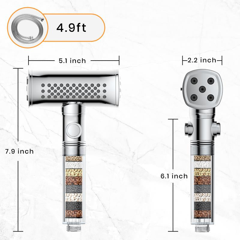 Silver Shower Head with 4-Side Spray Handheld, 5 Spray Modes High Pressure with 4.9Ft Stainless Steel Hose and 2 Antibacterial Dechlorination Filters