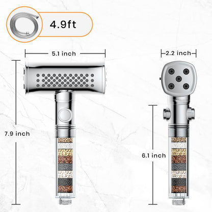 Silver Shower Head with 4-Side Spray Handheld, 5 Spray Modes High Pressure with 4.9Ft Stainless Steel Hose and 2 Antibacterial Dechlorination Filters