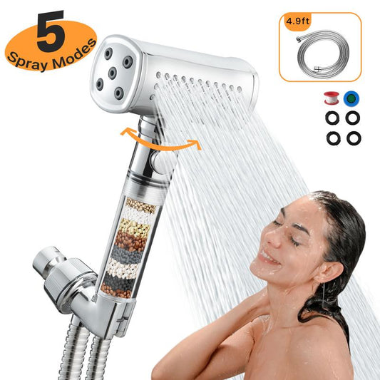 Silver Shower Head with 4-Side Spray Handheld, 5 Spray Modes High Pressure with 4.9Ft Stainless Steel Hose and 2 Antibacterial Dechlorination Filters