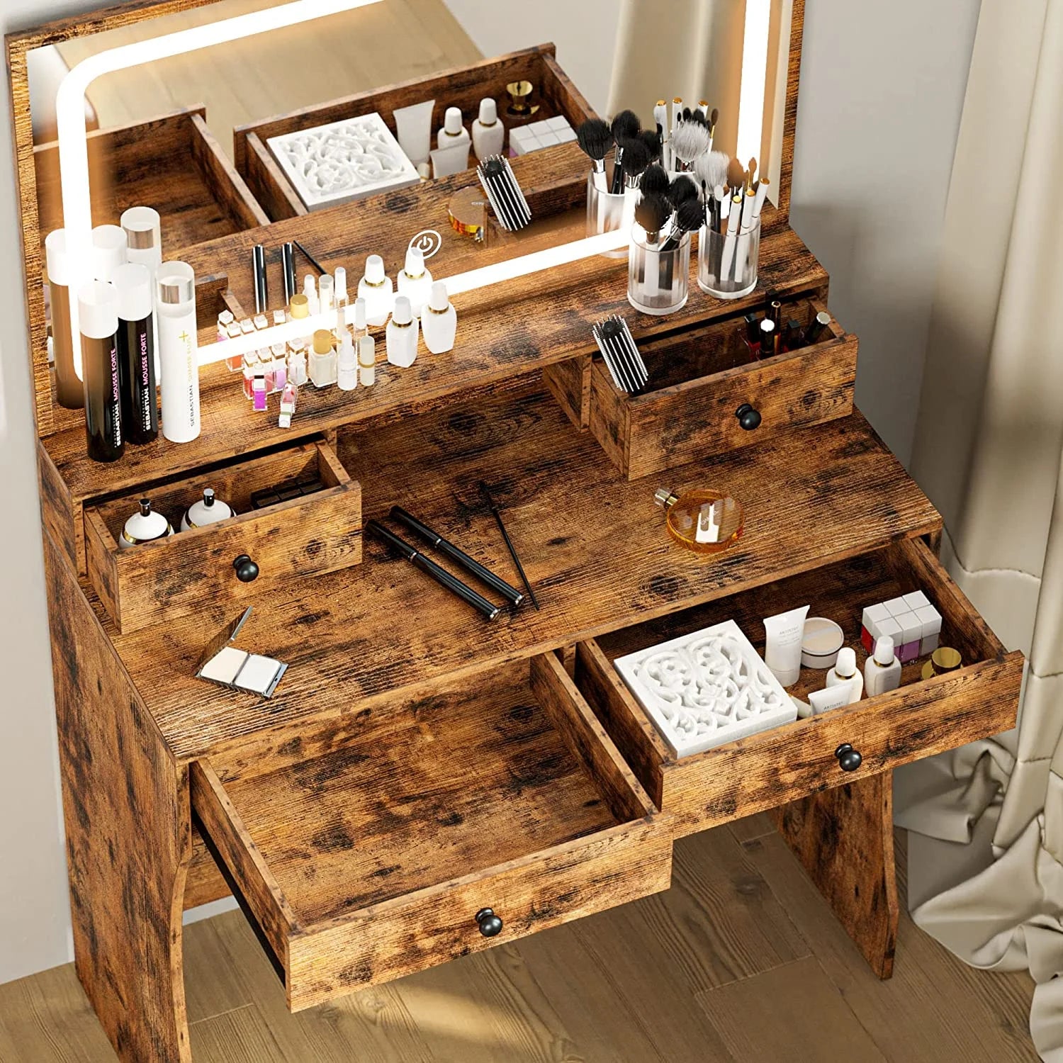 Vanity Desk Set with LED Mirror & Power Outlet, Makeup Vanity Table with 4 Drawers,For Bedroom, Bathroom, Vintage Brown