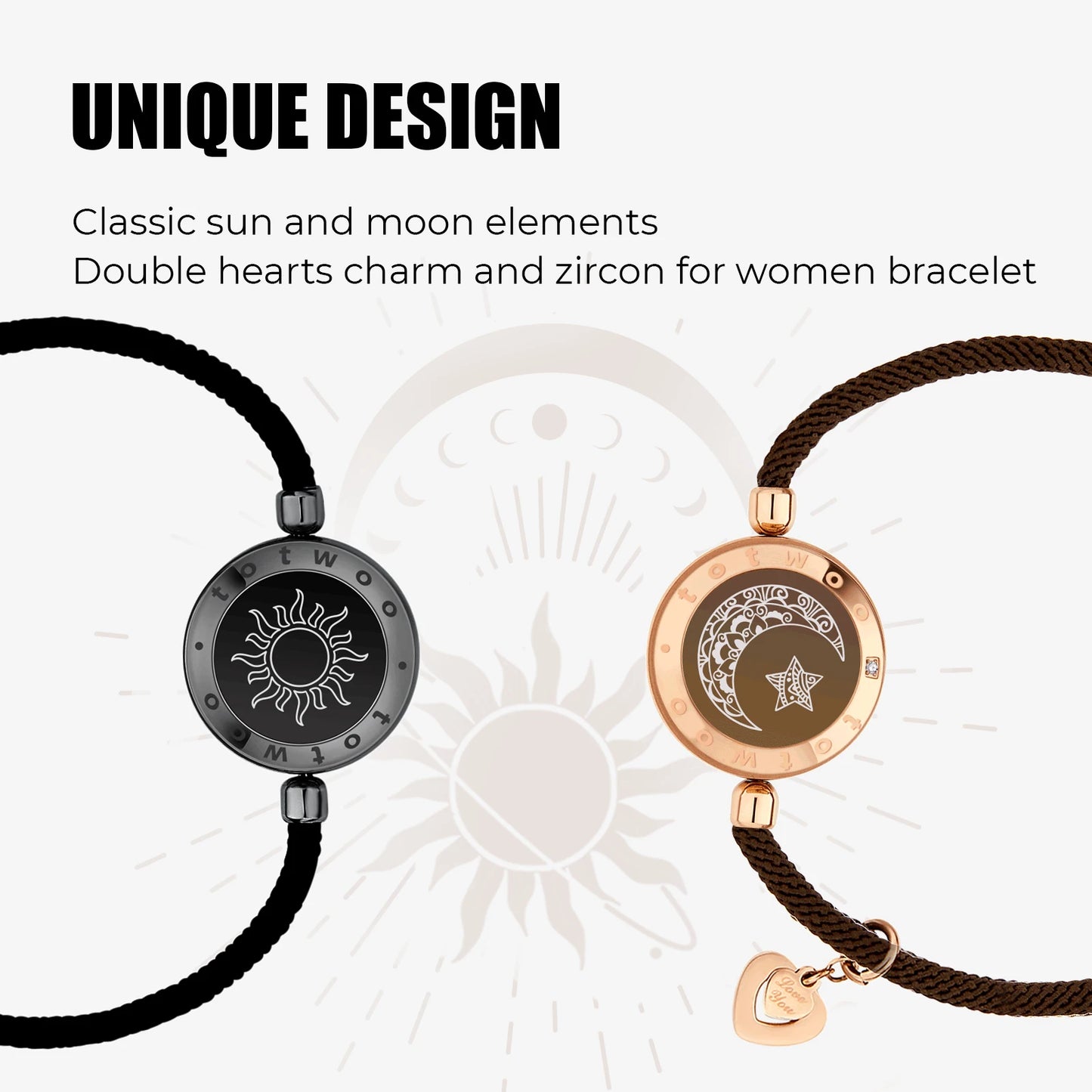 Totwoo Long Distance Touch Light Up&Vibrate Bracelets for Couples, Long Distance Relationship Gifts Smart Sun&Moon Love Bracelet