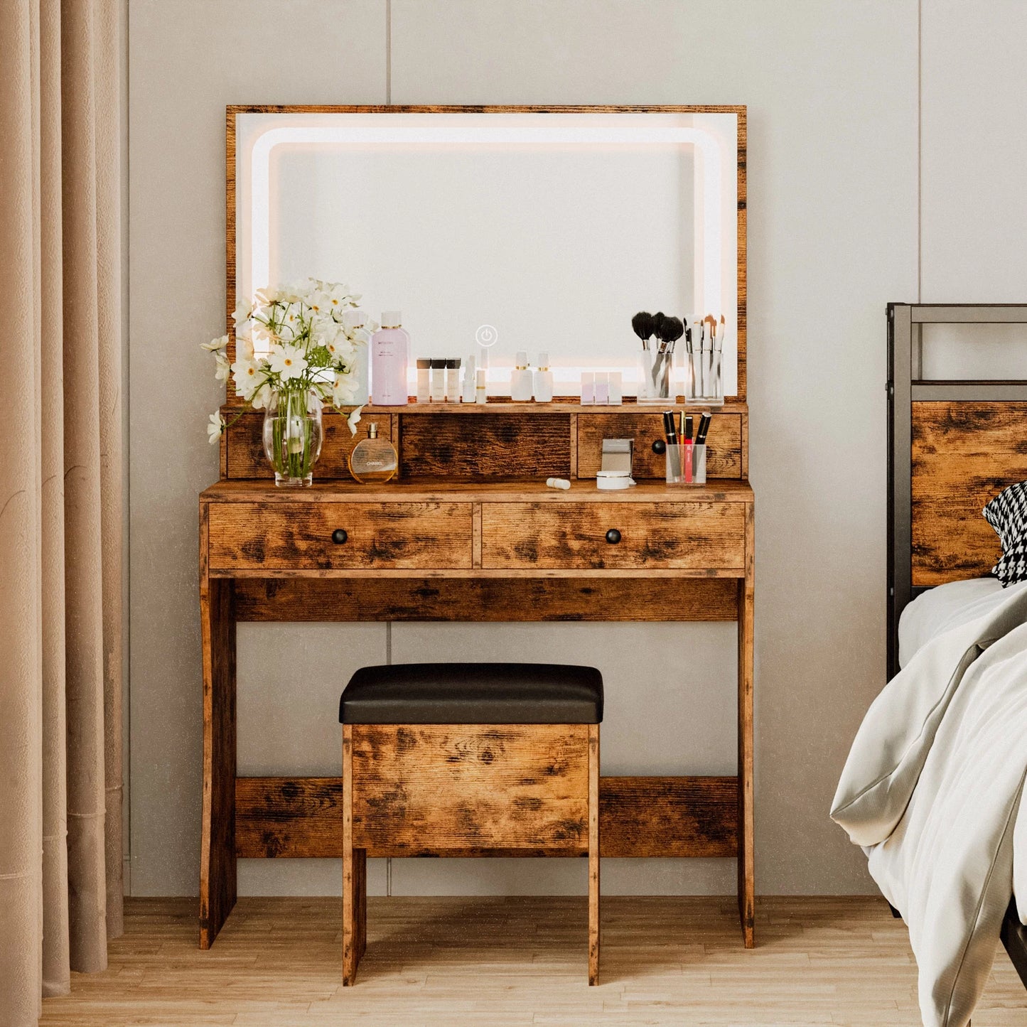 Vanity Desk Set with LED Mirror & Power Outlet, Makeup Vanity Table with 4 Drawers,For Bedroom, Bathroom, Vintage Brown