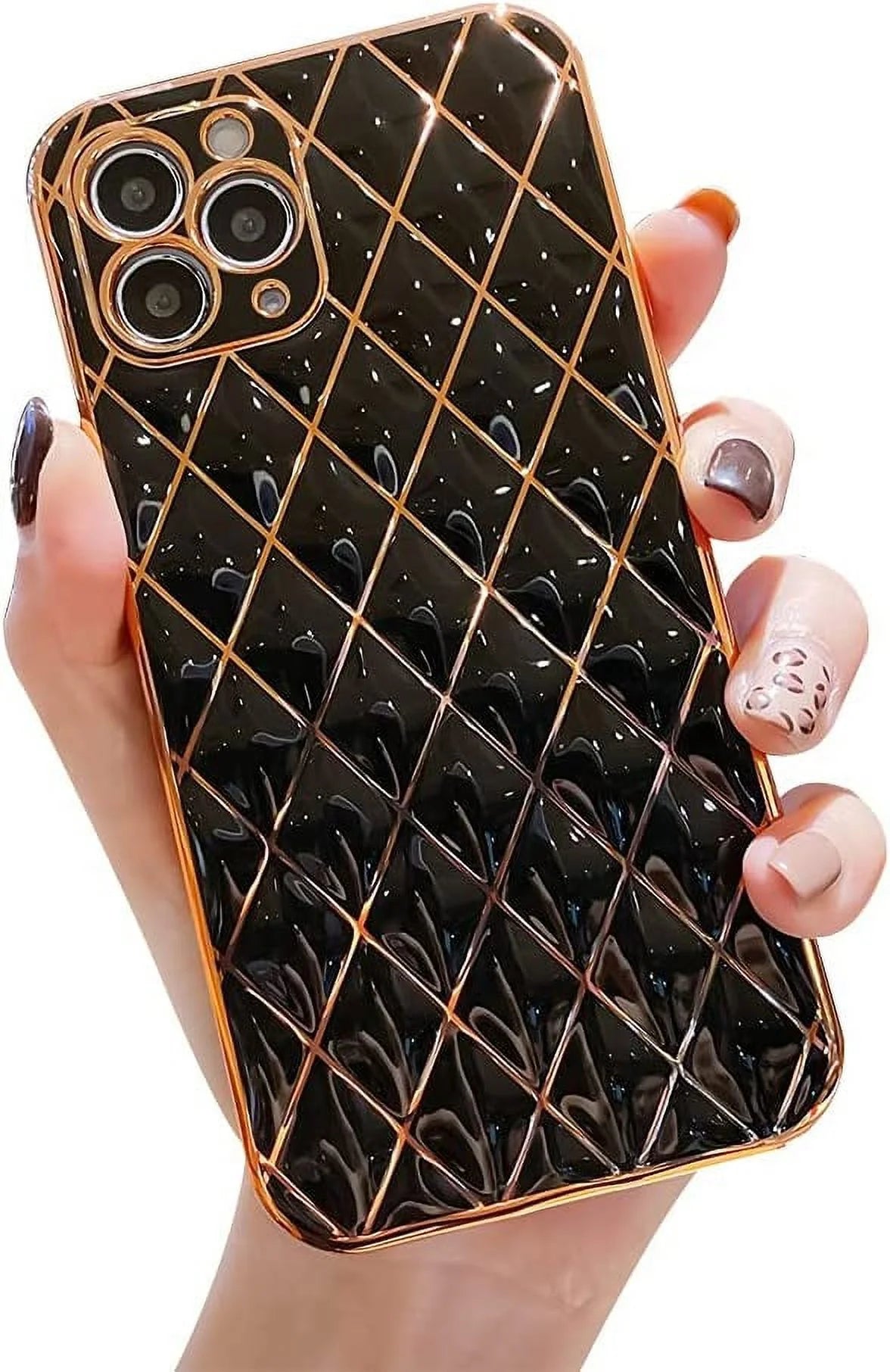 Compatible with Iphone 11 Pro Max Case, Luxury Gold Plating Design Diamond Geometric Pattern for Girls Woman Soft TPU Shockproof Camera Protective Case for Iphone 11 Pro Max-Black