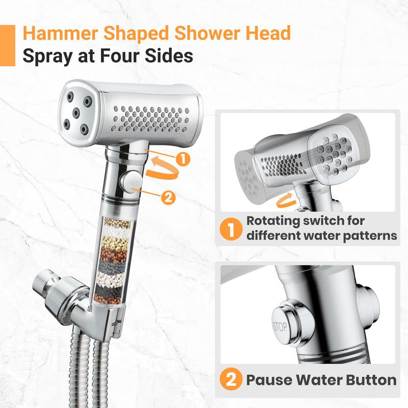 Silver Shower Head with 4-Side Spray Handheld, 5 Spray Modes High Pressure with 4.9Ft Stainless Steel Hose and 2 Antibacterial Dechlorination Filters