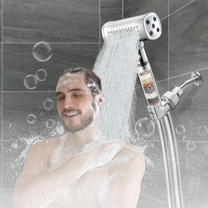 Silver Shower Head with 4-Side Spray Handheld, 5 Spray Modes High Pressure with 4.9Ft Stainless Steel Hose and 2 Antibacterial Dechlorination Filters